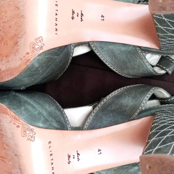 Elie Tahari Distressed Green Leather Platform Chunky Heeled Sandals Size 10 EUC - Picture 9 of 9